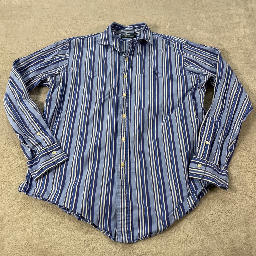 Polo Ralph Lauren Mens Large Blue Navy White Multi Stripe Button Down Shirt